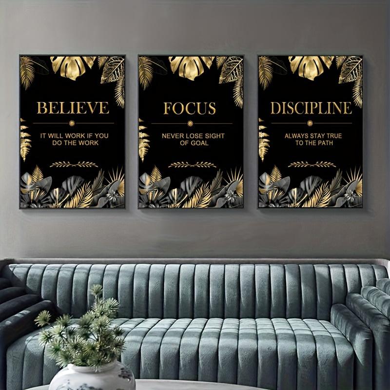 Canvas Wrap Ready - 3pcs gold, leaves, text - Modern